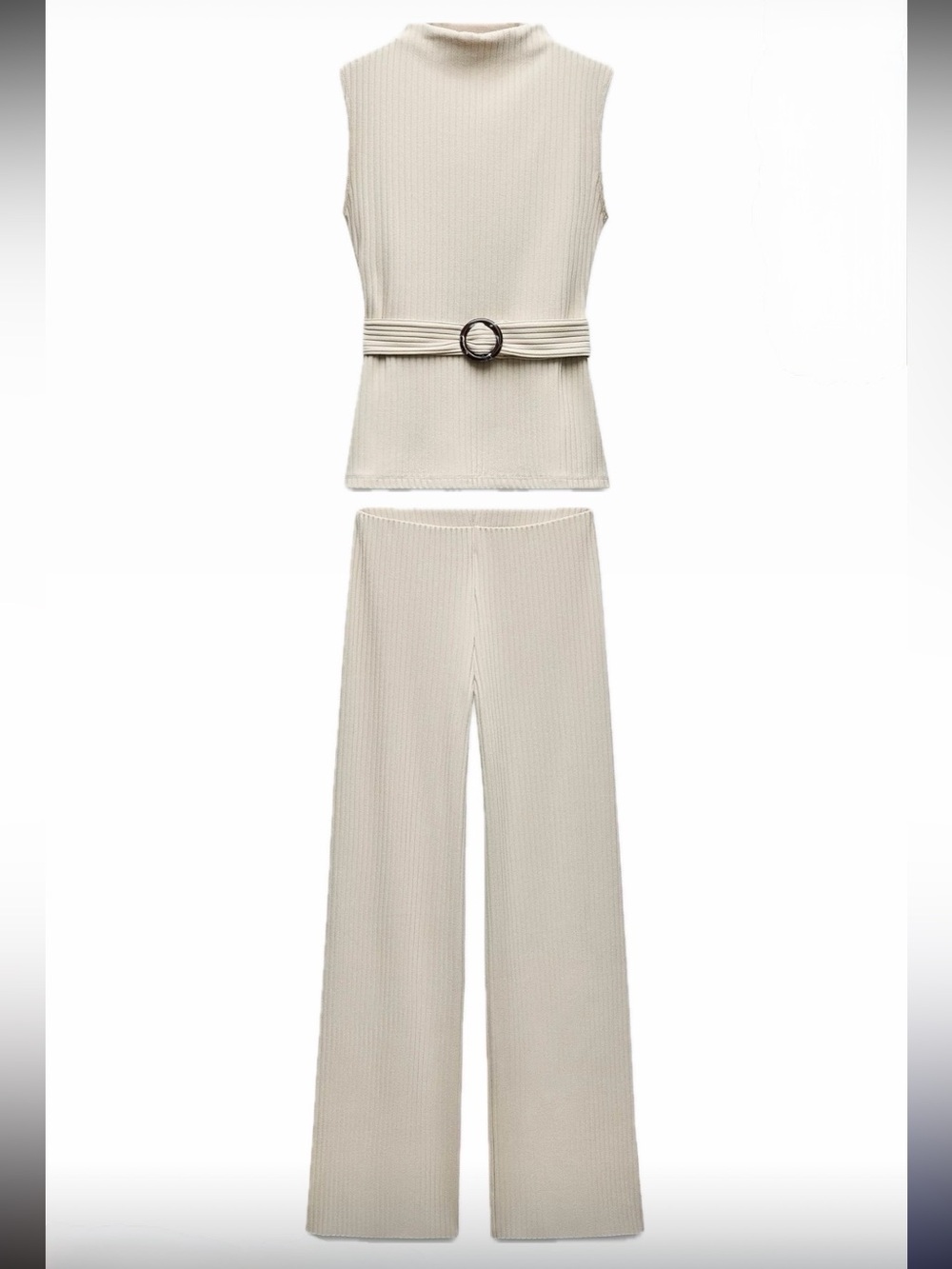 Zara Cream Sleeveless Ribbed Top with Belt & Wide-Leg Pants